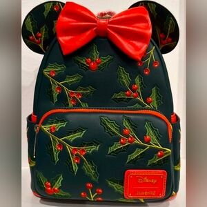 LOUNGEFLY DISNEY MINNIE MOUSE HOLIDAY HOLLY EARS MINI BACKPACK NWT